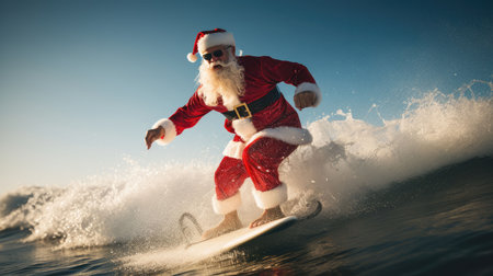 Santa Claus on surf board in ocean. Santa Claus on vacation. Surfing Santa. Santa goes Surfing.の素材