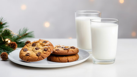 Homemade Christmas gingerbread cookies decorated with sweet sugar icing served on plate With glass of milk on white wooden backgroundの素材