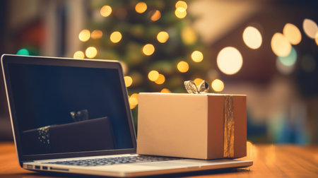 Delivered parcel box on table with laptop blurred home background. Christmas Online shopping. Black Friday sale.の素材