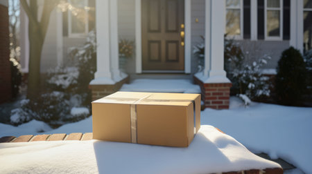 Delivered parcel box on door mat near winter snow entrance. Christmas online shopping. Black Friday sale.の素材