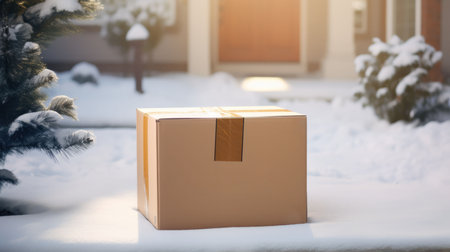 Delivered parcel box on door mat near winter snow entrance. Christmas online shopping. Black Friday sale.の素材