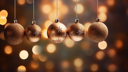 Festive ornaments with golden bokeh on background. Christmas celebration holiday background banner. Christmas baubles.の素材
