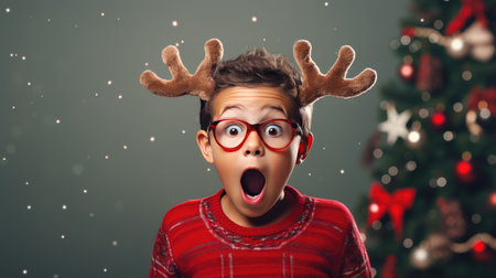 Surprised little boy wearing reindeer antlers holding gift box. Christmas holidays. Boxing Day shopping. Holiday shopping.の素材