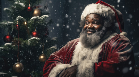 Happy African American Santa Claus on dark background. Christmas holidaysの素材