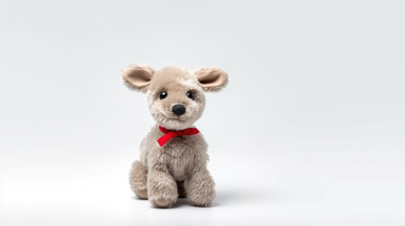 Cute fluffy vintage toy with a red bow on white background. Christmas gift for kids.の素材