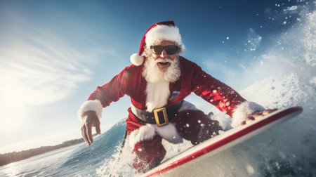 Santa Claus on surf board in ocean. Santa Claus on vacation. Surfing Santa. Santa goes Surfingの素材