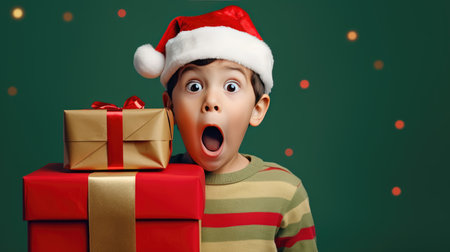 Surprised little boy in Santa Claus hat holding gift box. Christmas holidays. Boxing Day shopping. Holiday shopping.の素材