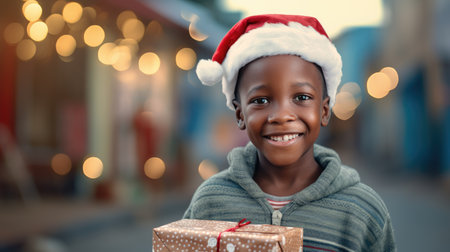 African kid with big giftbox is looking to the camera dusty street on background. Christmas support. Give and share kindnessの素材