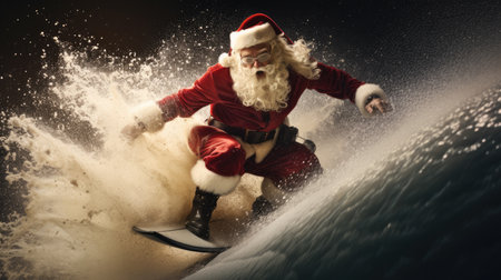 Santa Claus on surf board in ocean. Santa Claus on vacation. Surfing Santa. Santa goes Surfingの素材