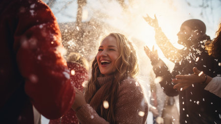 Happy Friends wearing winter clothes celebrating Christmas holiday. People having fun hanging out together walking on city street. Winter holidays and relationship concept.の素材