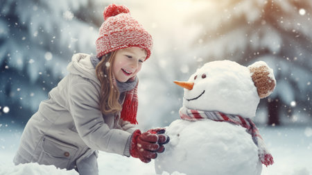 Kids building snow man playing outdoors on sunny snowy winter day. Outdoor family fun on Christmas vacationの素材