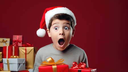 Surprised little boy in Santa Claus hat holding gift box. Christmas holidays. Boxing Day shopping. Holiday shopping.の素材