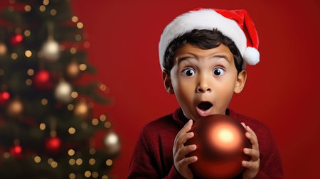 Surprised little boy in Santa Claus hat holding gift box. Christmas holidays. Boxing Day shopping. Holiday shopping.の素材