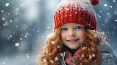Cute little girl wearing red Santa hat and smiling. Christmas and New Year concept. Copy spaceの素材
