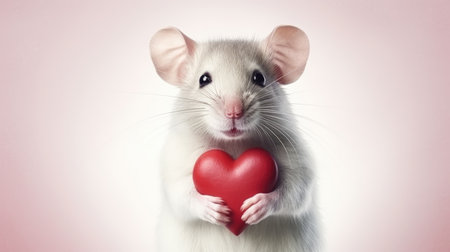 Cute mouse with red heart on white background. Love from hamster. Valentine's Dayの素材