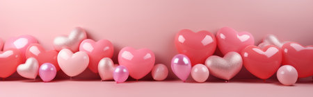Pink air balloons heart shape on a white background. Concept wedding, valentines day, photo zone, lovers. Banner. Flat lay, top view.の素材