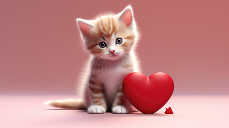 Valentines Day kitten. Small striped kitten playing with red heart on pink looking at camera. Adorable domestic kitty pets concept.の素材