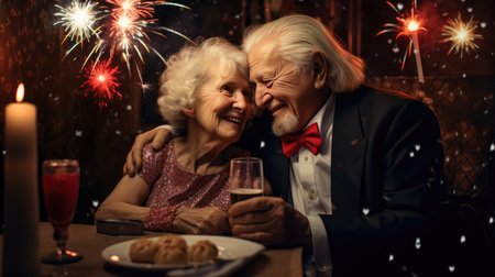 Romantic senior couple celebrating Saint Valentines Day at home. Beautiful woman and handsome man spending time together. Happy Saint Valentines Day!の素材