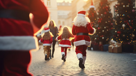 Happy kids in red Santa hat have fun and laughing. Christmas games and fun.の素材