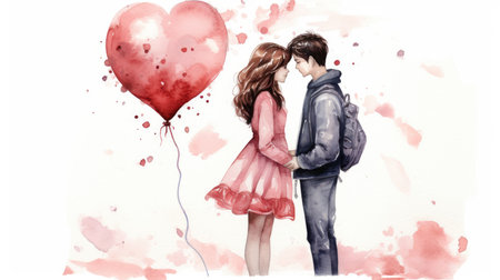 Beautiful young couple hugging, kissing celebrating St Valentines Day with air balloons in shape of heart on white background.の素材