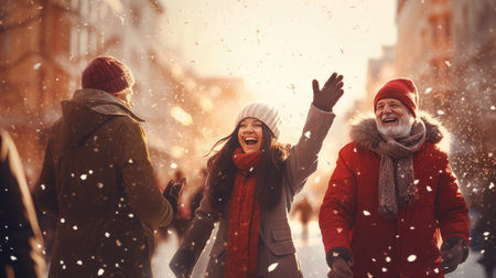 Happy Friends wearing winter clothes celebrating Christmas holiday. People having fun hanging out together walking on city street. Winter holidays and relationship conceptの素材