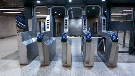 OMNY MTA Contactless fare payment system at grand central terminal. New York Subway station. NY, USA - July 15, 2023.のeditorial素材