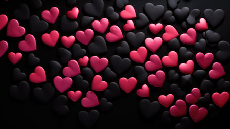 Pink and black heart shaped rocks on black background. Pile of white heart pebble, stone. Valentine's day. Heart shape of pebble on small peddlesの素材