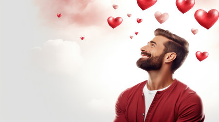 Man in love with red heart background, over white background. Love concept. Valentines day.の素材