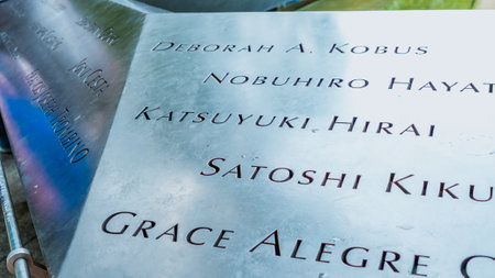 Memorial at Ground Zero Manhattan for September 11 Terrorist Attack with Engraved Names of Victims. Patriot Day - New York NY USA 2023-07-30のeditorial素材