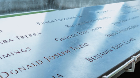 Memorial at Ground Zero Manhattan for September 11 Terrorist Attack with Engraved Names of Victims. Patriot Day - New York NY USA 2023-07-30のeditorial素材