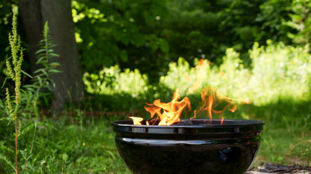 Black round Barbecue Grill with Fire on Open Air with green grass. Fire Flame. Prepairing charcoal for the grilling bbq outdoors.の写真素材