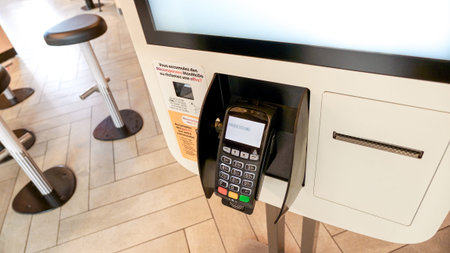 Close up shot of self-ordering kiosk at McDonald's restaurant in Canada. Ottawa ON Canada - 08.15....