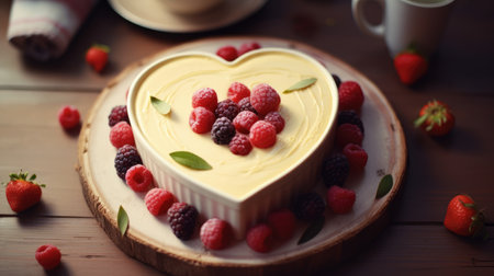 Valentines day heart shaped cheese cake with strawberries on wooden plate. Valentines day dessert. Top view with copy spaceの素材
