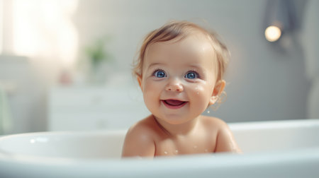 Close up portrait of cute baby trying after wash in bathroom. Healthy hygiene careの素材