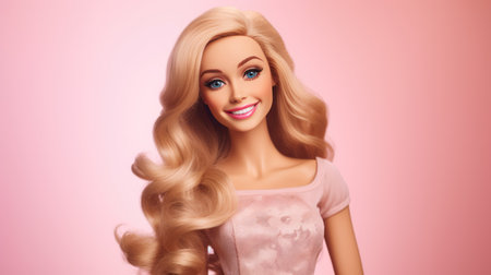 Portrait of smiling blonde doll in pink dress on pink background.の素材