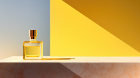 Transparent yellow glass perfume bottle mockup on pedestal with minimalist background. Eau de toilette. Mockup, spring flat lay.の素材