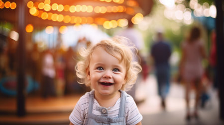 Baby toddler smiling and looking at camera with blurred amusement on background. Newborn baby portrait.の素材