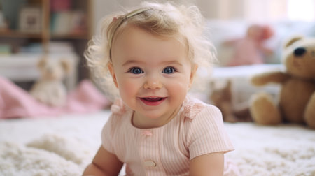 baby toddler playing colorful toys at home or nursery. Newborn baby smiling at camera at play centerの素材