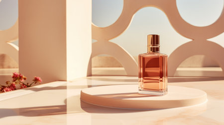 Transparent brown glass perfume bottle mockup on pedestal with minimalist background. Eau de toilette. Mockup, spring flat lay.の素材
