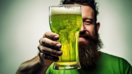 Bearded man holding a glass of green beer with a blurred background. St Patricks Dayの素材