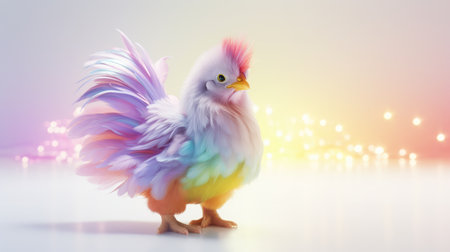 Vibrant chicken with colorful rainbow feathers on bright backgroundの素材