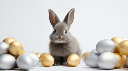 Small gray rabbit sits between shiny gold and silver Easter eggs on white backgroundの素材