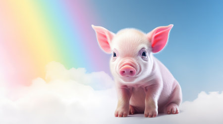 An adorable baby piglet sitting on white clouds with rainbow on blue sky background, showcasing its innocence and charm.の素材
