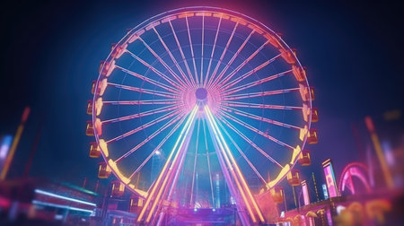 A Ferris wheel at an amusement park is lit up with rainbow colors at night. The Ferris wheel is in focus, and the background is blurry. The Ferris wheel is isolated on a black background.の素材