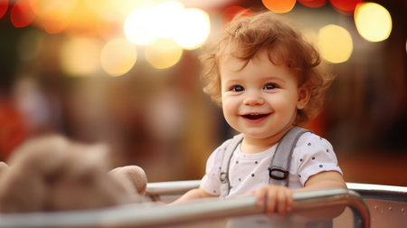 Baby toddler smiling and looking at camera with blurred amusement on background. Newborn baby portraitの素材