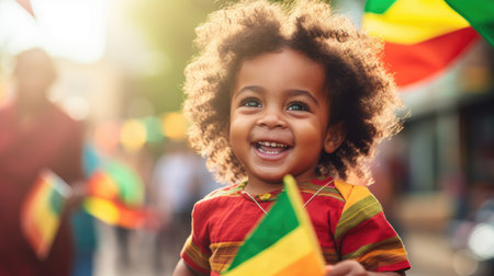 Happy Child Holding red, green and yellow flag symbolizing Juneteenth Freedom and African liberation day. Black life matters. Black history monthの素材
