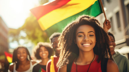 Happy Beautiful African American Woman with red, green and yellow flag symbolizing Juneteenth Freedom and African liberation day. Black life matters. Black history monthの素材
