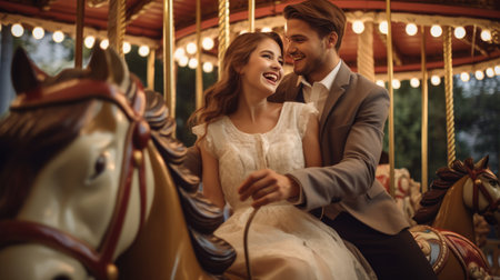 A joyful couple creates lasting memories on a vibrant carousel at the amusement park, surrounded by colorful lights and cheerful music, filling the air with happiness and laughter.の素材