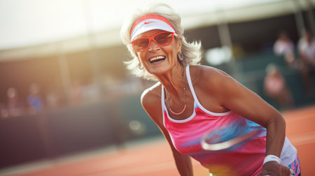 Happy and energetic elderly lady with tennis racket smiling while playing tennis on a bright and sunny day in a beautiful outdoor setting, enjoying the sport and staying healthy and active.の素材