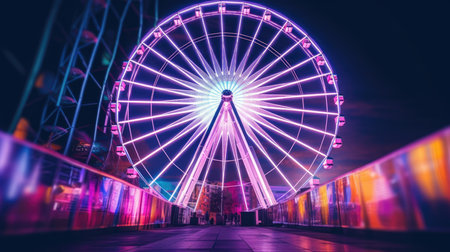 A Ferris wheel at an amusement park is lit up with rainbow colors at night. The Ferris wheel is in focus, and the background is blurry. The Ferris wheel is isolated on a black background.の素材